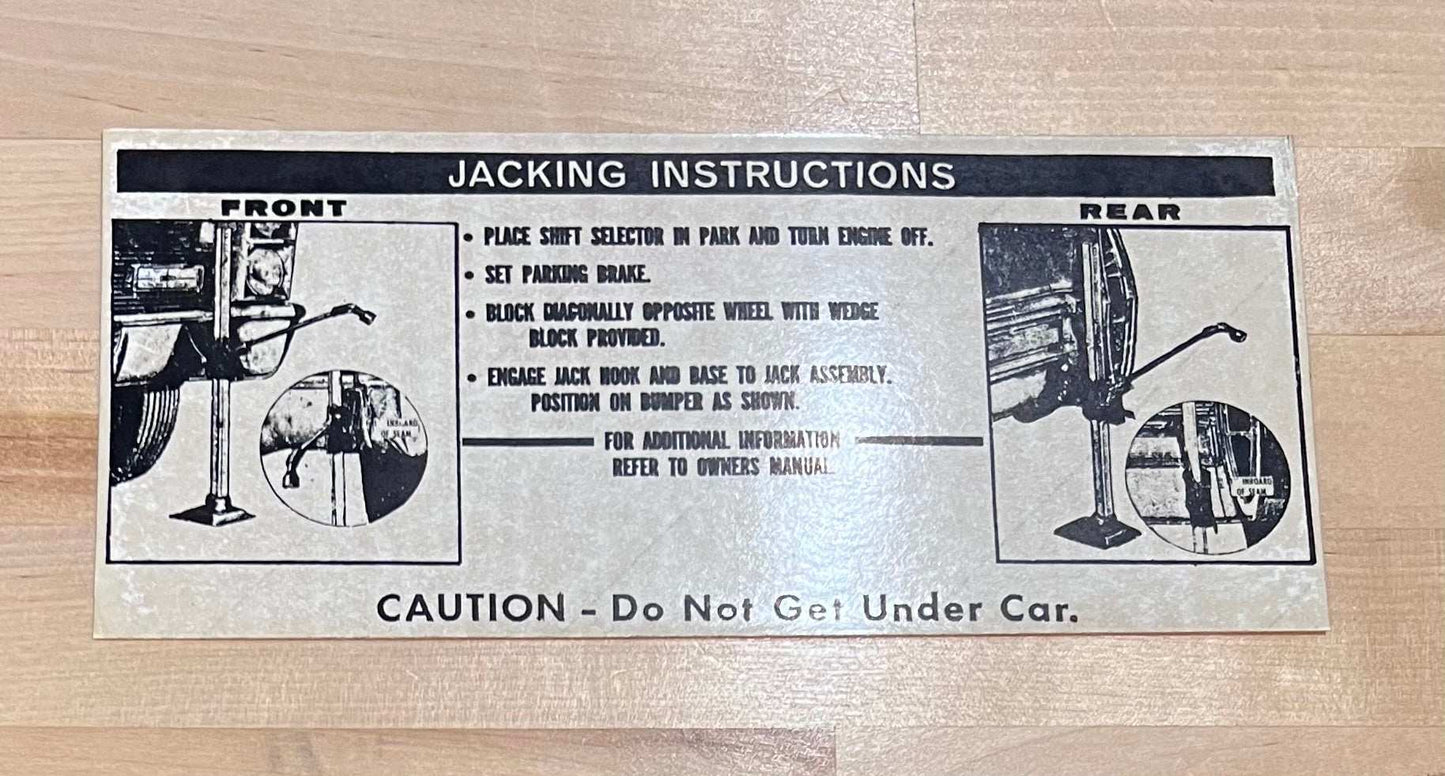 Cadillac 1967 Jack Instructions Decal Restoration Card EX Condition N.O.S. Rare Relic has been safely stored away for decades and measures approximately a 4.25 inch