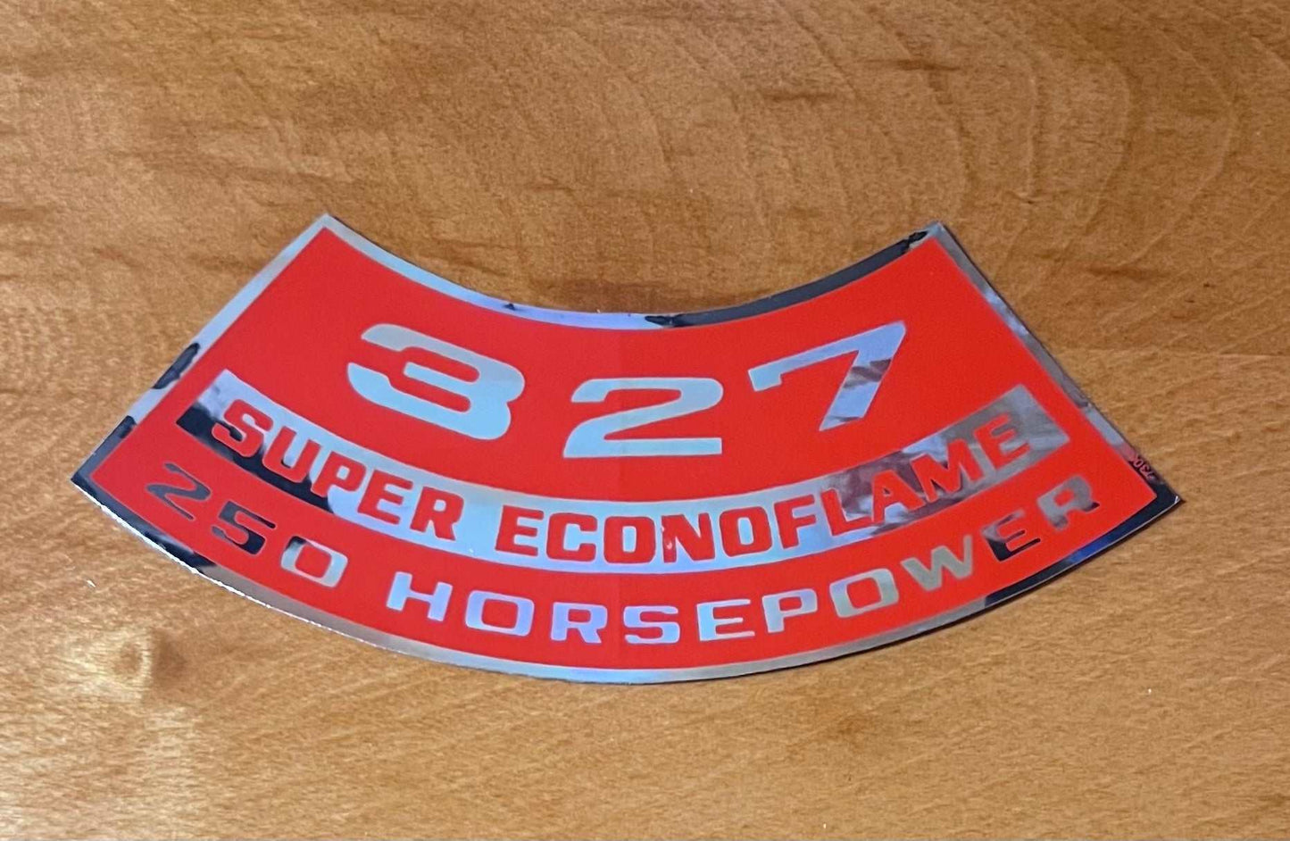 Pontiac 1967-69 327 Super Econoflame 250 Horsepower Air Cleaner Decal Relic has been stored safely away for decades and measures approx 1.75 in wide x 5 in length