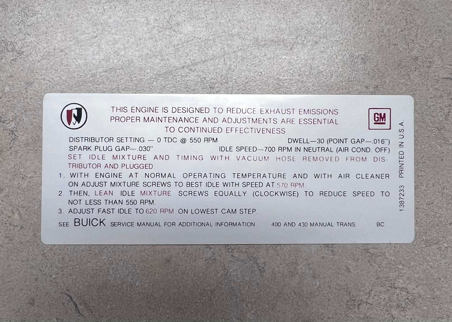 Buick 1968 400 430 Manual Transmission Emission Decal GS 400 Restoration Condition Relic has been stored away for decades