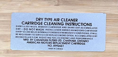 American Motors 1972 V8 661 Air Cleaner Service Instruction Decal