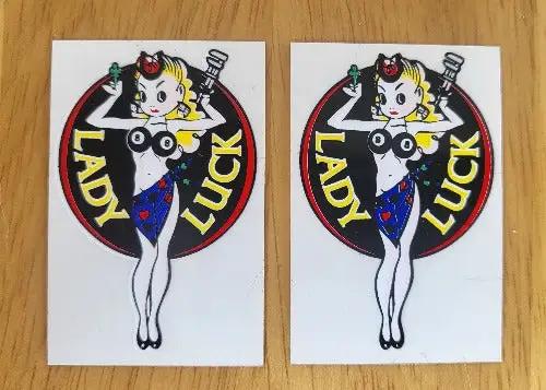 LADY LUCK 2 Decal SET 8 BALL CLOVER LEAF MOTORCYCLE New Old Stock Item These have been stored for decades and measures 1 1/4 inches wide and the length is 2 inch.