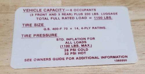 Buick 1968 GS 400 Tire Pressure Decal New Old Stock Excellent Condition Relic has been safely stored away for decades and measures approximately 3.75 inch x 2.25 inches