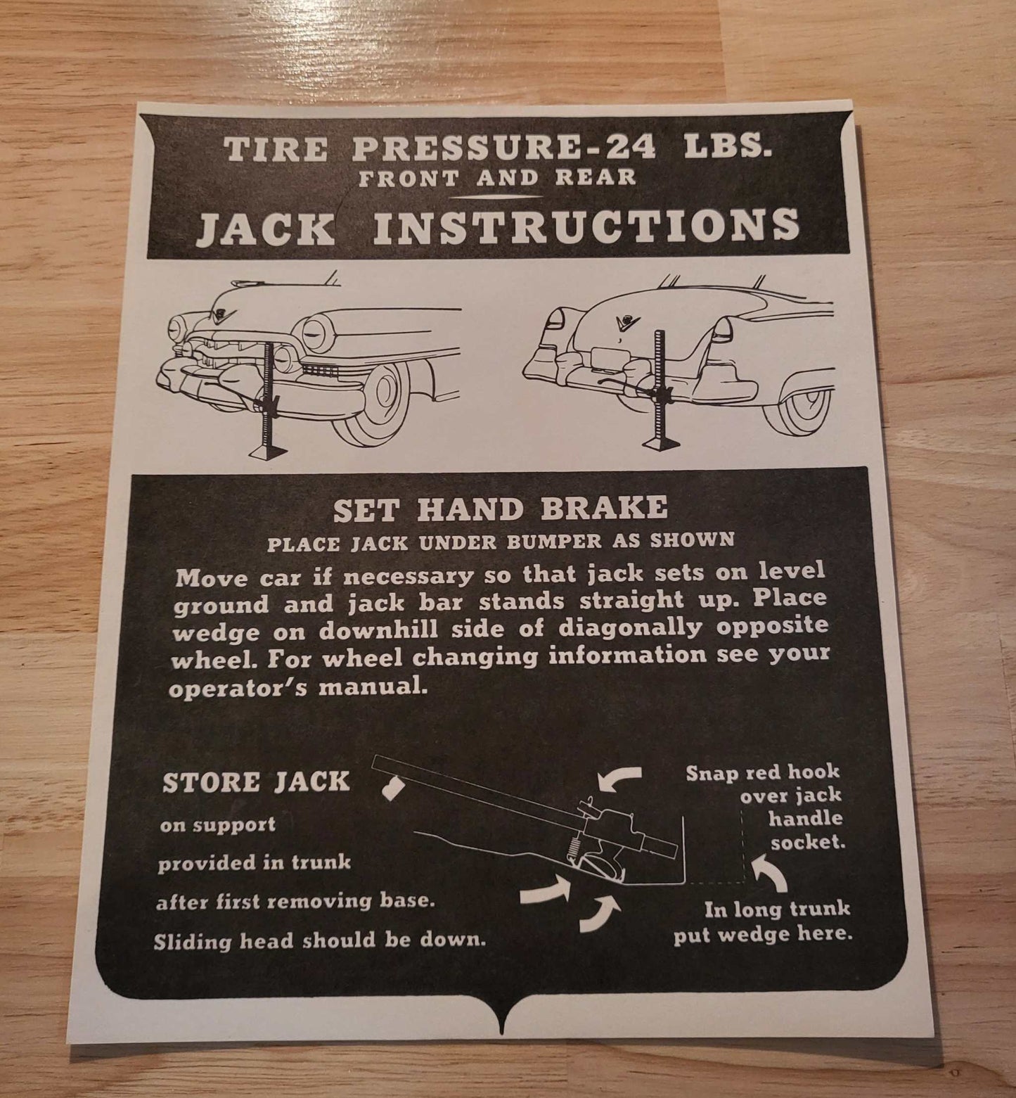 Cadillac 1951-52 Jack Instructions Decal Restoration Card EXC Condition N.O.S. Rare Relic has been safely stored away for decades and measures approximately a 8 inch