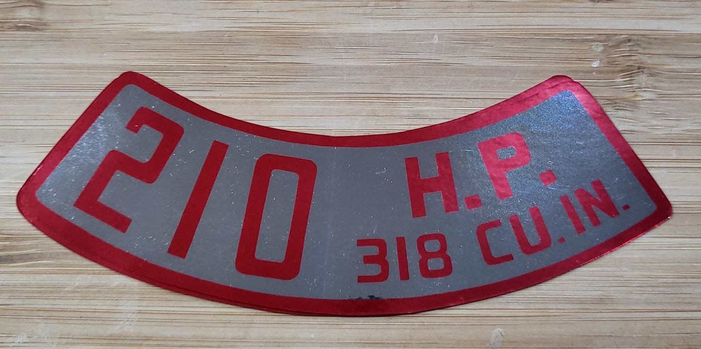 Dodge 1970-74 Truck 318 210 Horsepower Air Cleaner Decal Metallic NOS Restoration EXC Relic has been safely stored away with care for decades measures approximately