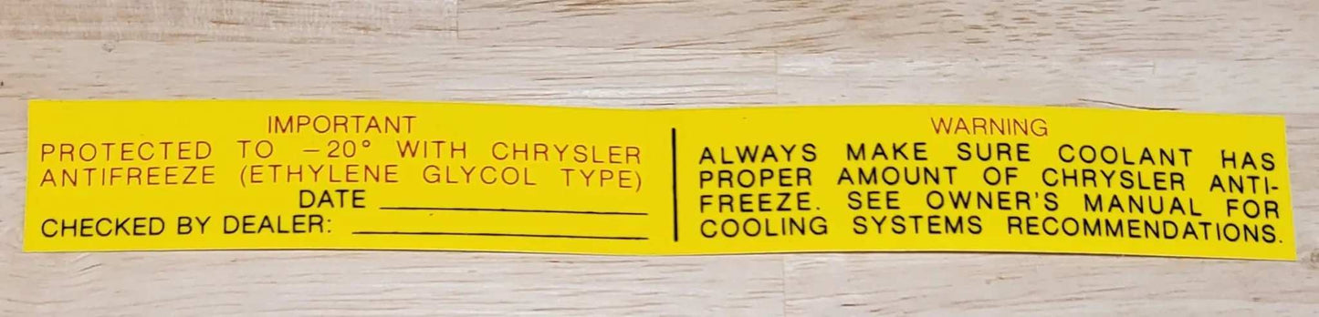 Chrysler 1969-73 Antifreeze Warning Decal Plymouth Dodge Restoration NOS relic has been stored away safely for decades and measures approximately 1 inches x 8 inches