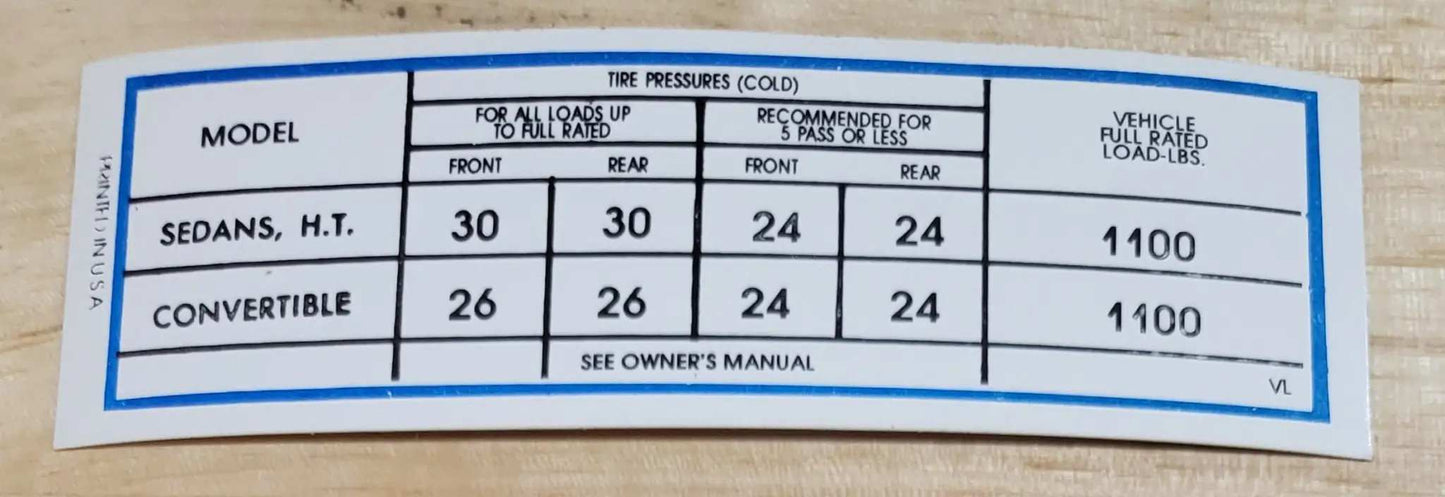 Dodge Dart 1967 Plymouth Cuda Except Fastback Tire Pressure Decal NOS EXC Relic has been safely stored away for decades and measures approximately 1.25 in x 4.25 in