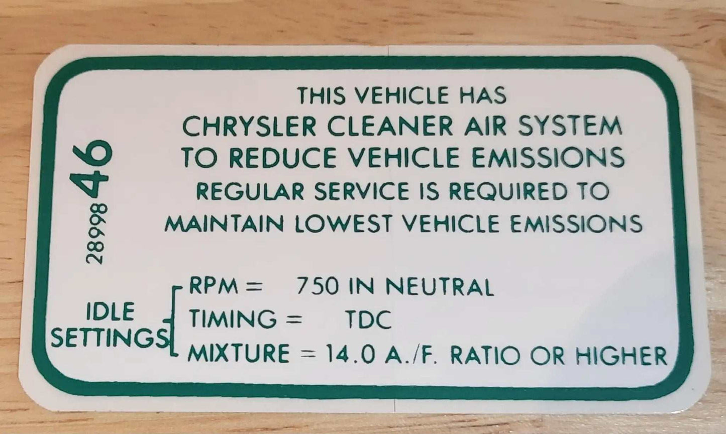Mopar 1968 426 8V AT MT 1969 340 4V AT 1970 383 4V MT Emission Decal Restoration NOS relic has been stored away safely for decades and measures approximately 2.25 in