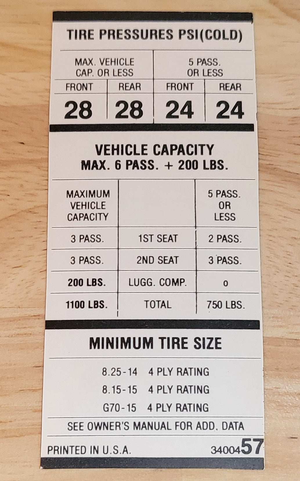 Mopar 1969 Full Size 825x14 815x15 Tire Pressure Decal Restoration NOS EXC Relic has been safely stored away for decades and measures approximately 1.75 in x 3.75 in
