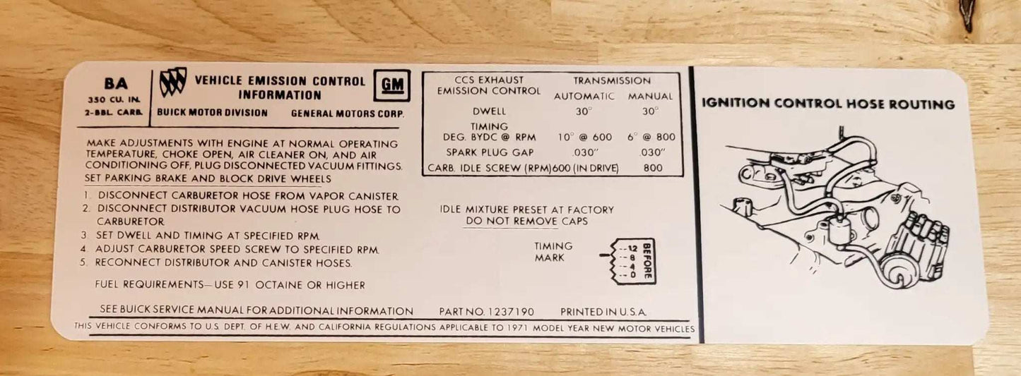 Buick 1971 Skylark GS 350 2 Barrel Emission Decal Restoration NOS EXC Relic has been safely stored away for decades and measures approximately 3 inch x 9 inches