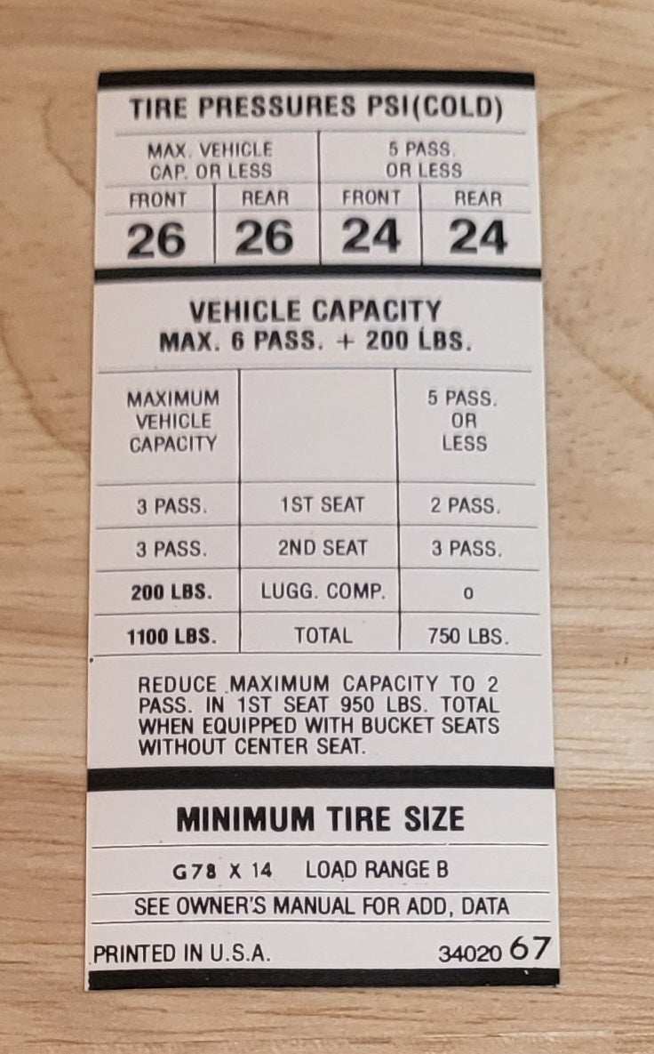 Dodge 1970 Charger Tire Pressure Decal Restoration NOS EX Condition Relic has been safely stored away for decades and measures approximately 1.75 in x 4 in G87X14
