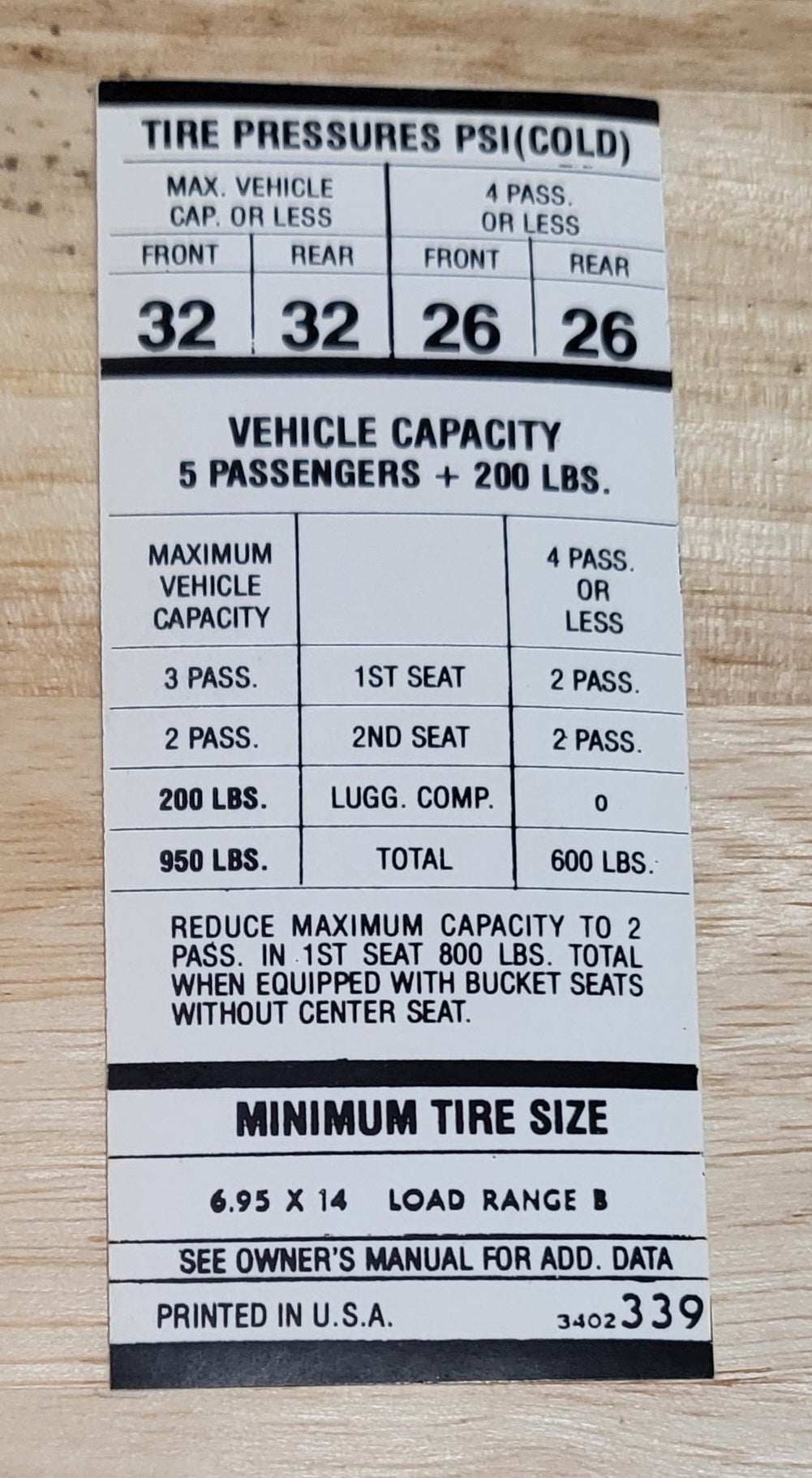 Dodge Dart 1971 Swinger Tire Pressure Decal Restoration EX Condition NOS Relic has been safely stored away for decades and measures approximately 1.75 in x 4 in