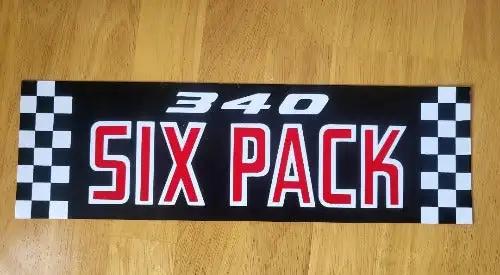 Challenger Dart 1970 Cuda Duster 340 Six Pack Air Cleaner Decal Relic has been stored safely away for decades and measures approximately 4 inch x 13 inches Checkered340 Six Pack Decal 1970-1971 Black Cross Air Cleaner Decal Mopar NOS Relic has been stored for decades and measures 4 inches in width by 13 inches in length.