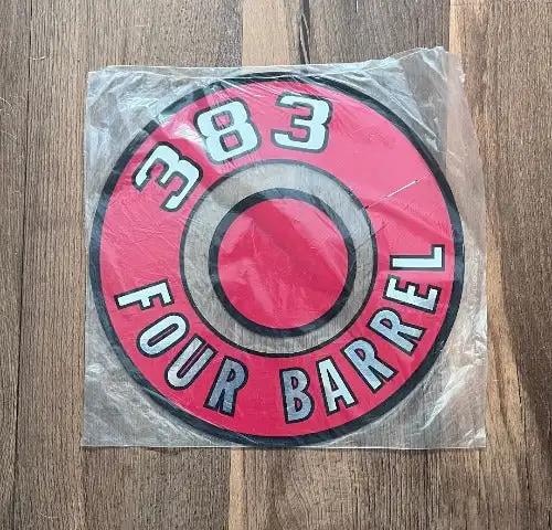 383 Four Barrel Decal Red and Silver Metallic Top Air Cleaner 1966-1970 Mopar. Relic has been stored for decades and measures 2.5 inches in width by 11 inches circle