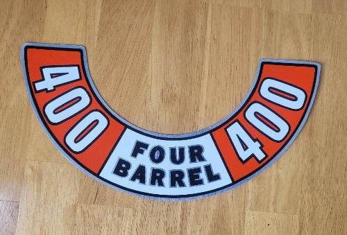 400 Four Barrell DECAL Orange White and Silver AIR CLEANER Auto 1972-1974 440 Four Barrel AIR CLEANER DECAL. Item measures approx 2.5 x 11 inches semi circle MOPAR