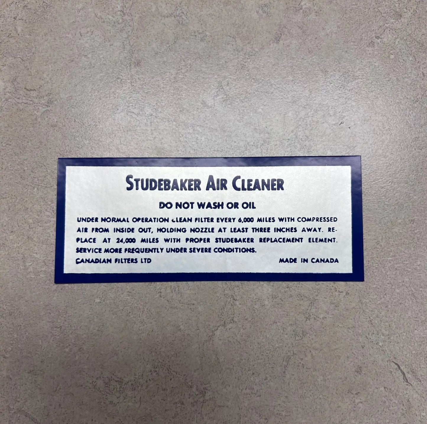 Studebaker 1964-1966 Dry Style Air Cleaner Service Instruction Decal Made in Canada for Canadian Filters Relic has been stored safely away for decades and measures
