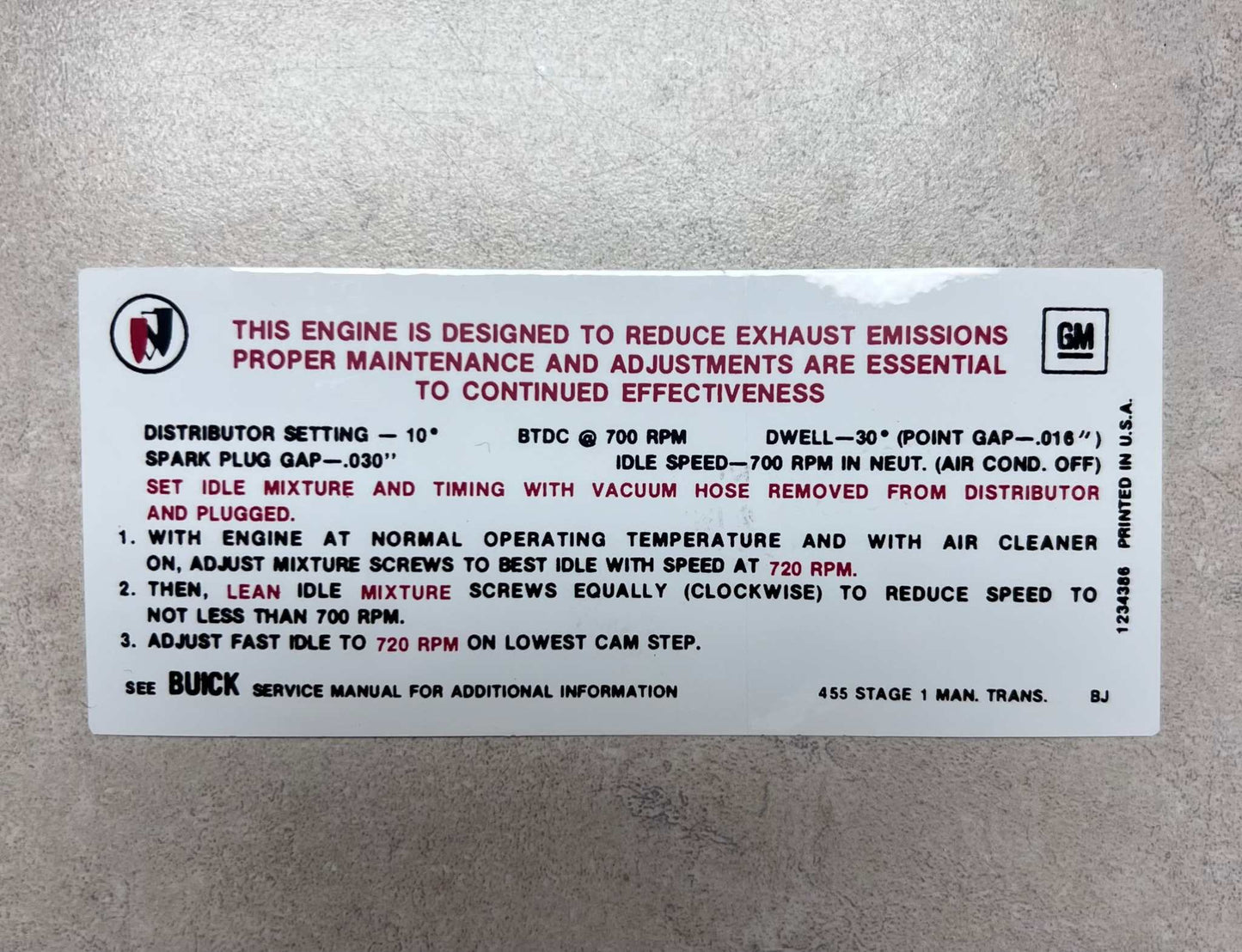 Buick 1970 455 Stage 1 Manual Transmission Emission Decal GS Restoration Condition Relic has been stored away for decades and measures approximately 2.25 inches