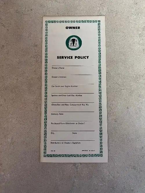 Hudson 1938-1957 New Car Owners Service Policy