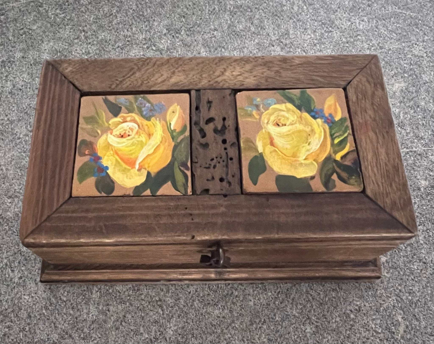 Vintage wooden trinket box with tiled yellow rose top. Adorable treasure chest, unique accessory and well made. The box is 7 1/4 inches long, 4 inches wide and