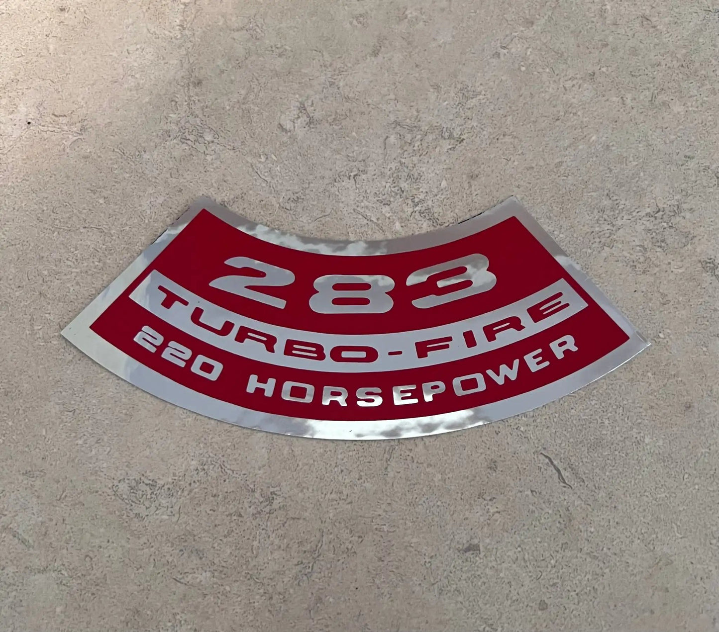 283 Turbo Fire 220 Horsepower Decal Air Cleaner Chevrolet 1960s-1970s Auto Truck. Relic has been stored safely away for decades and measures approx 2 in x 6 in.