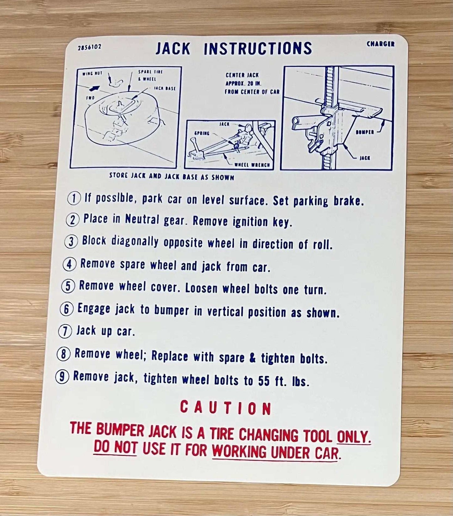 Dodge 1968-69 Charger Jack Instructions Decal Restoration EXC Condition Relic has been safely stored away with care for decades measures approximately 6.5 inch x 8.5 in