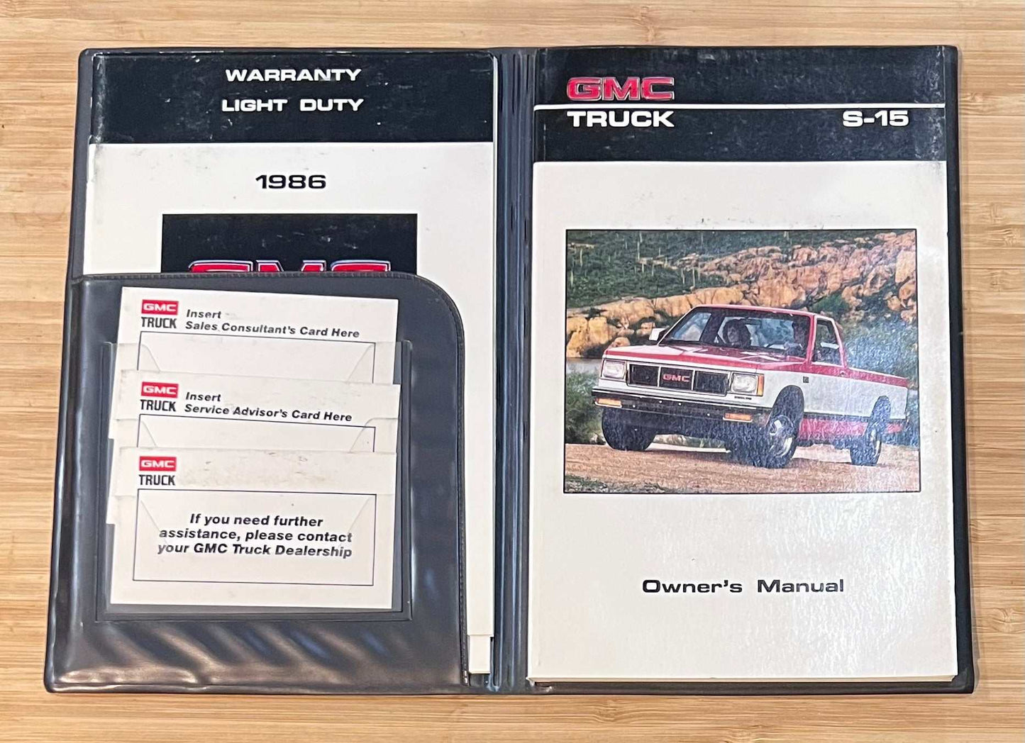 GMC S15 Truck 1986 Original Owners Manual 3 pc Set Logo Hard Cover Warranty Maintenance Relic has been store safely away for decades and loaded with original informa