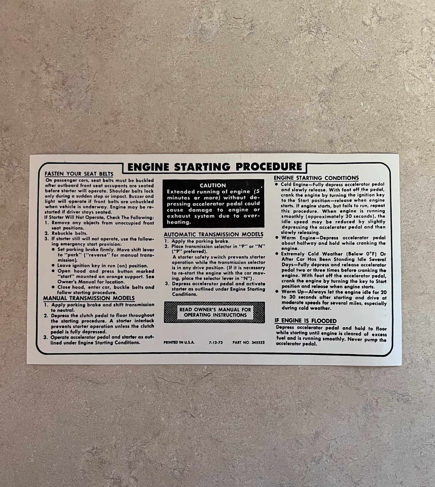 Buick 1974-76 Sun Visor Starting Instructions Decal Restoration Project EXC Relic has been safely stored away for decades and measures approximately 4 inches x 7.25 inches