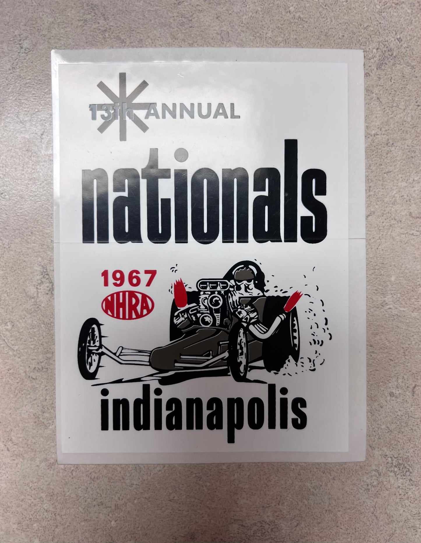 NHRA 1967 13th Annual Nationals Indianapolis Window Decal Racing EXC Relic has been stored away safely for decades and measures approximately a 3.5 inch x 4.75 inch