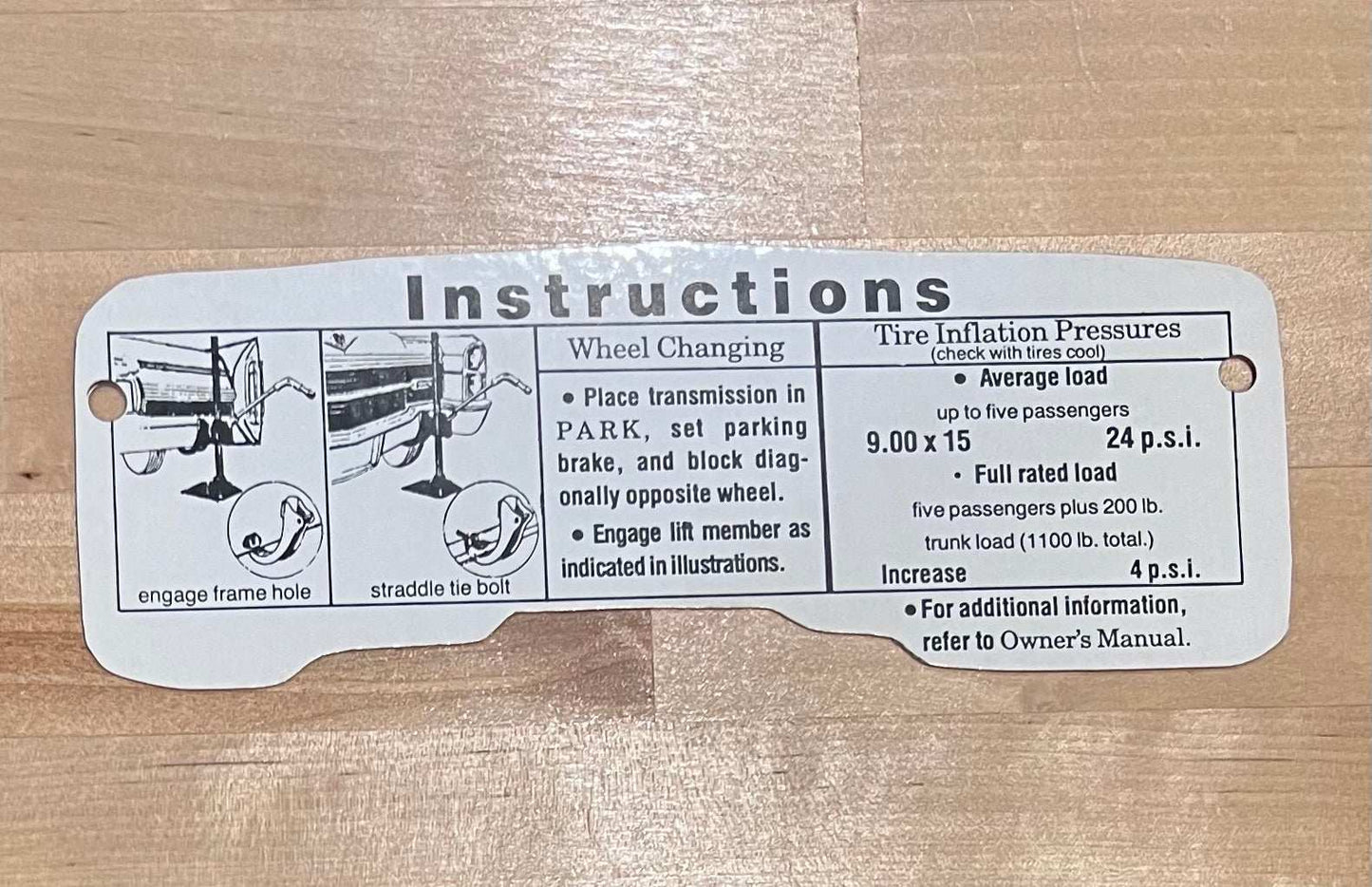 Cadillac 1966 Jack Instructions Decal Restoration Card EX Condition N.O.S. Rare Relic has been safely stored away for decades and measures approximately a 3 inches x