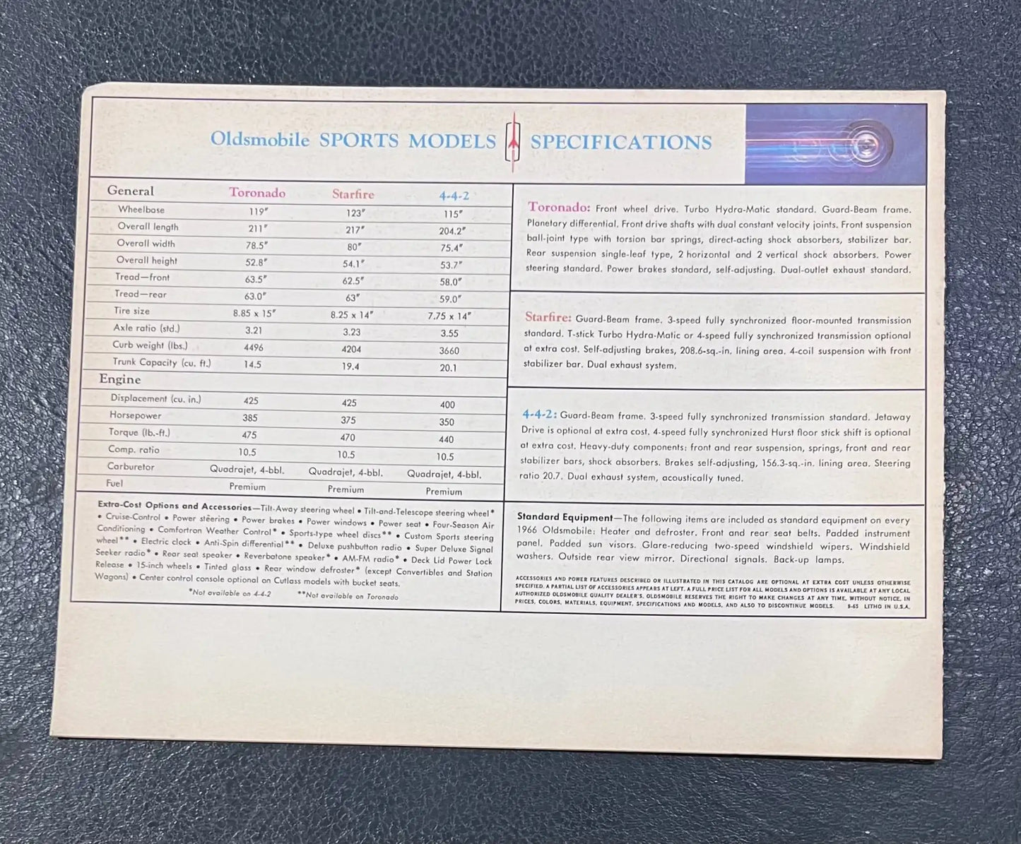 1966 Original Oldsmobile Sports Model Tornado Starfire 442 Brochure Relic has been safely stored away for decades and is in very good new old stock condition