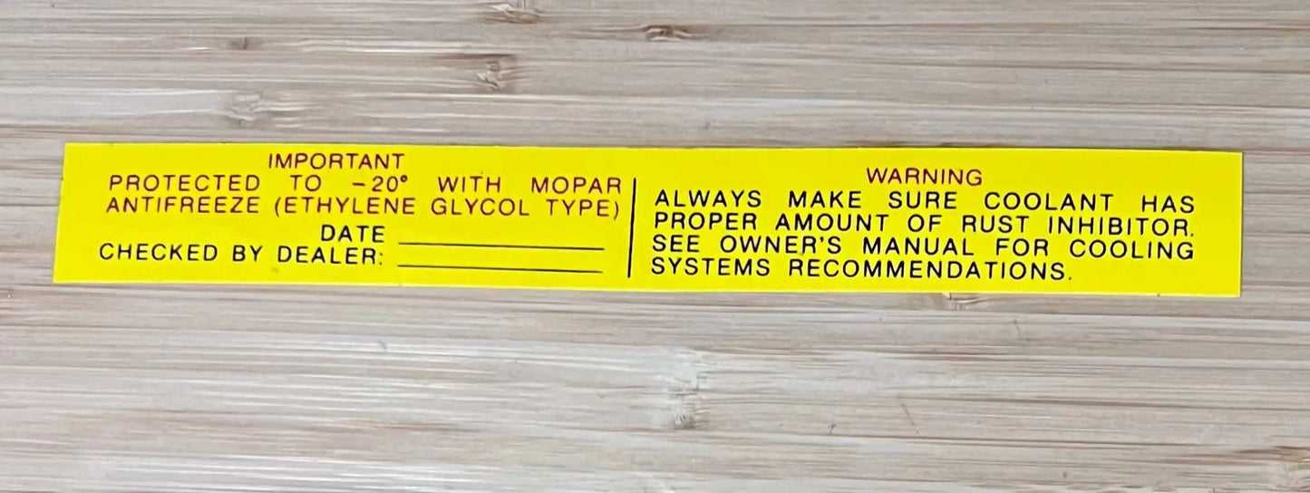 Mopar 1965-68 Antifreeze Instructions Warning Decal Restoration EXC Condition Relic has been safely stored away with care for decades measures approximately 1 inch