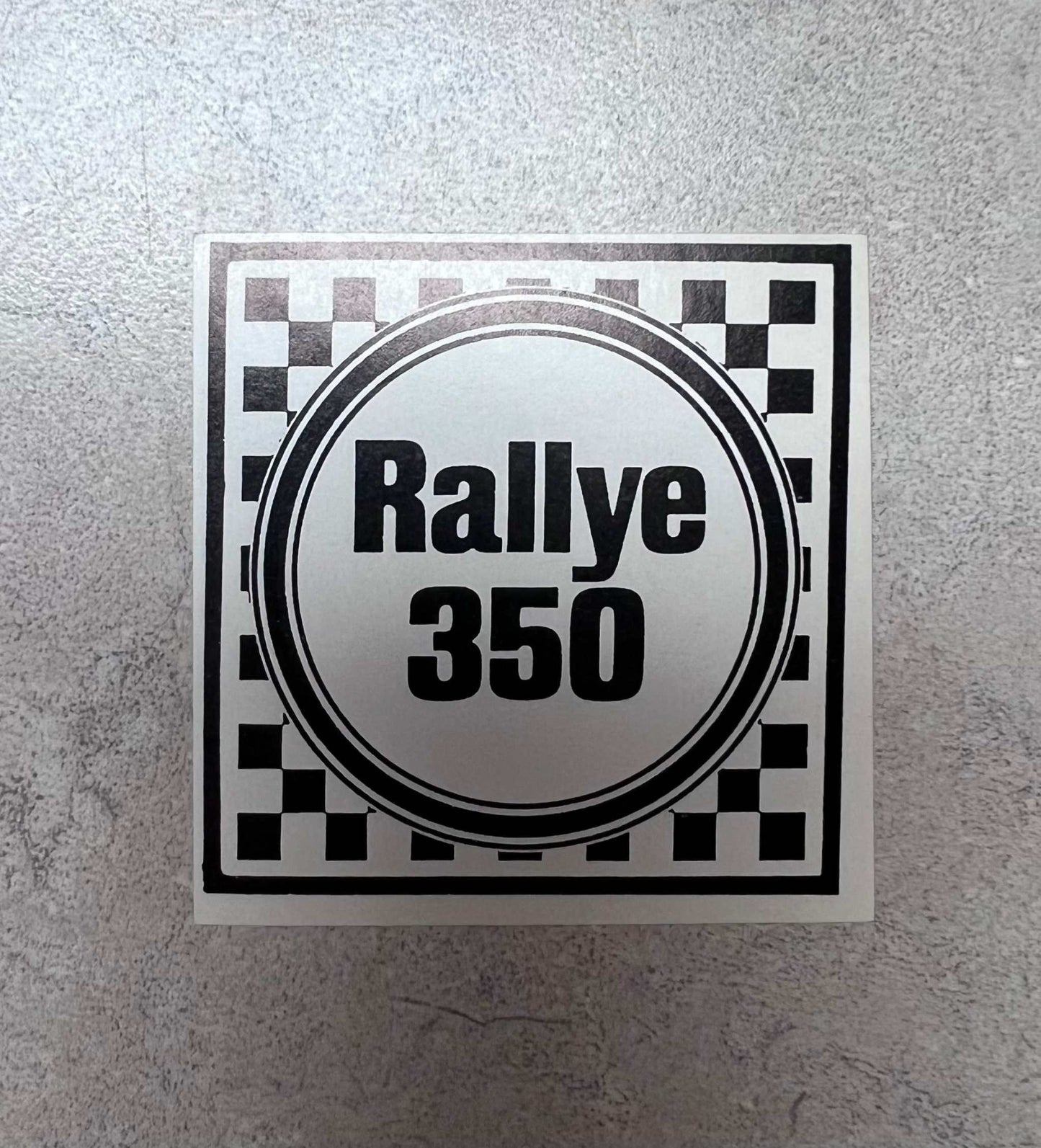 Rallye 350 Window Racing Decal Restoration EXC New Old Stock Condition Relic has been stored away safely for decades and measures 2.5 inches square excellent