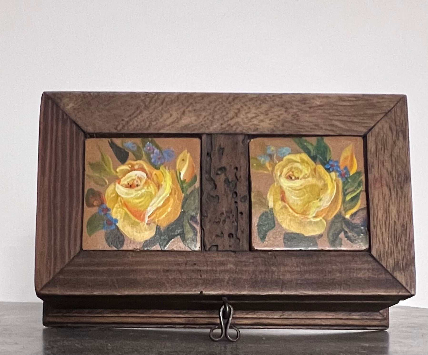 Vintage wooden trinket box with tiled yellow rose top. Adorable treasure chest, unique accessory and well made. The box is 7 1/4 inches long, 4 inches wide and