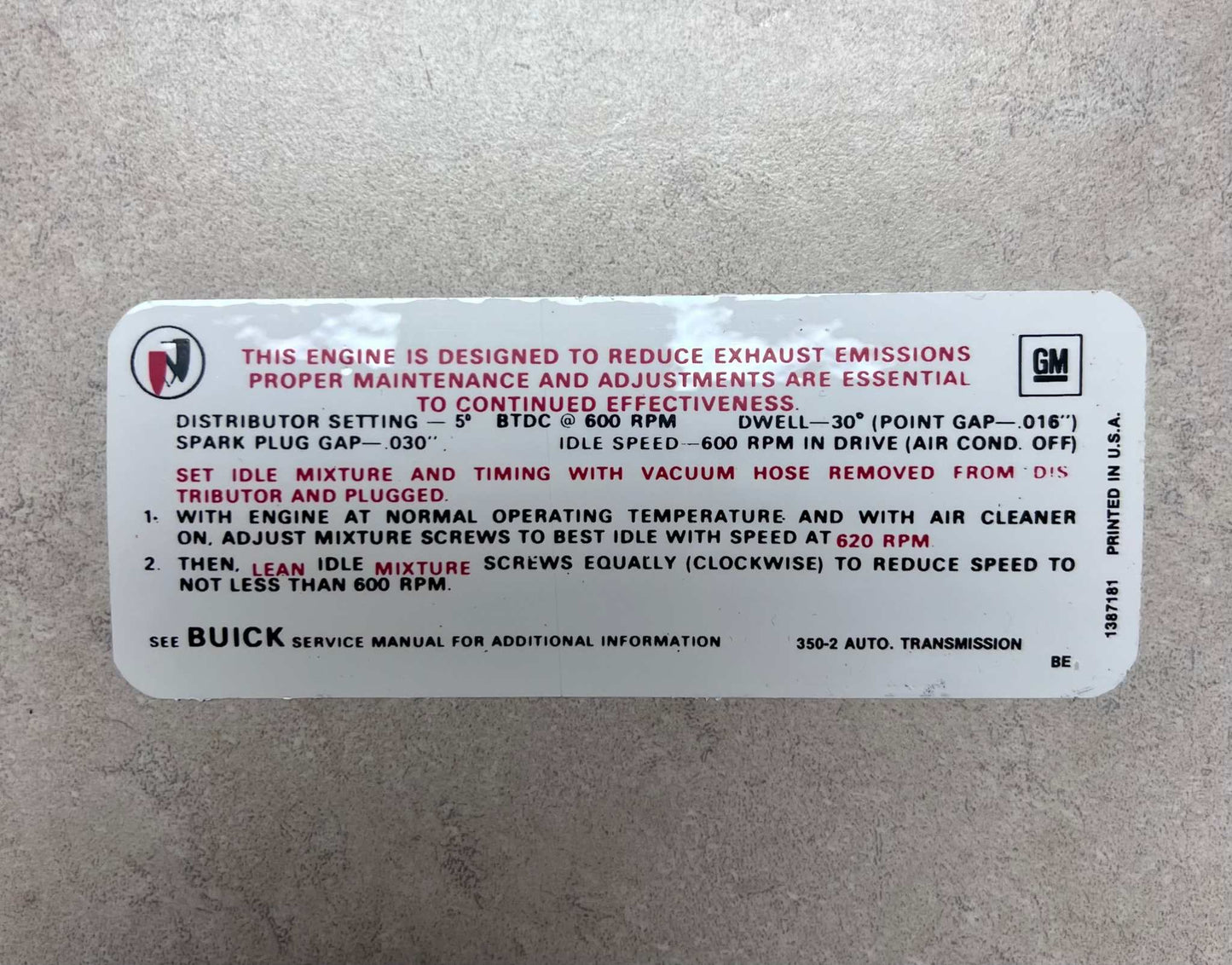Buick 1968 350 2V Automatic Transmission Emission Decal GS 350 EXC Restoration Condition Relic has been stored away for decades and measures approximately 2.25 inch
