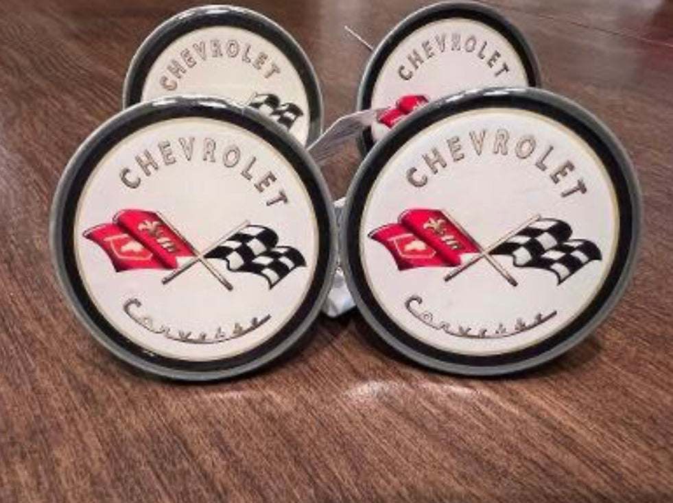 CORVETTE Drawer Handles Set of 4 Pull Knobs Mint Accessories Brand New. Officially Licensed Product CORVETTE CROSSFLAG. Logo is 2 in diameter is 2 in and screw is 1"
