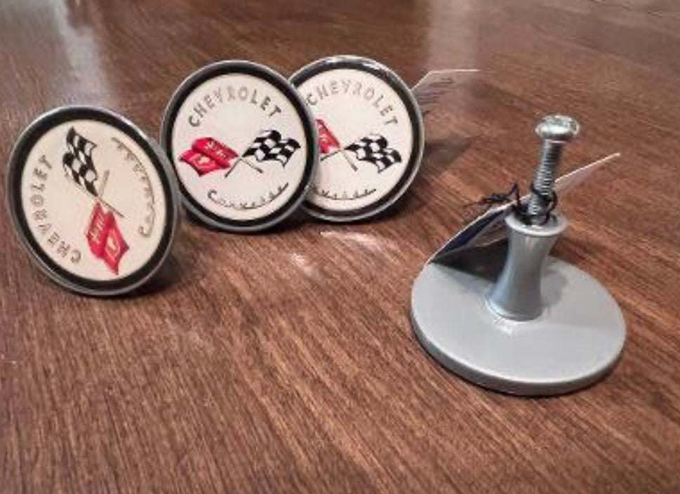 CORVETTE Drawer Handles Set of 4 Pull Knobs Mint Accessories Brand New. Officially Licensed Product CORVETTE CROSSFLAG. Logo is 2 in diameter is 2 in and screw is 1"