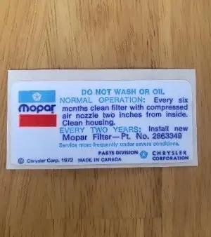 1970-1974 Mopar Air Clear Service Instruction Decal Plymouth Chrysler Dodge