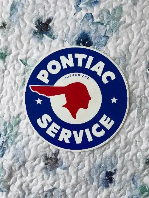 Pontiac Indian Head Decal AUTHORIZED SERVICE LARGE MINT N.O.S. ITEM. This is a 9.5 inch circle Original and Traditional Pontiac Indian Head Crest logo centered.