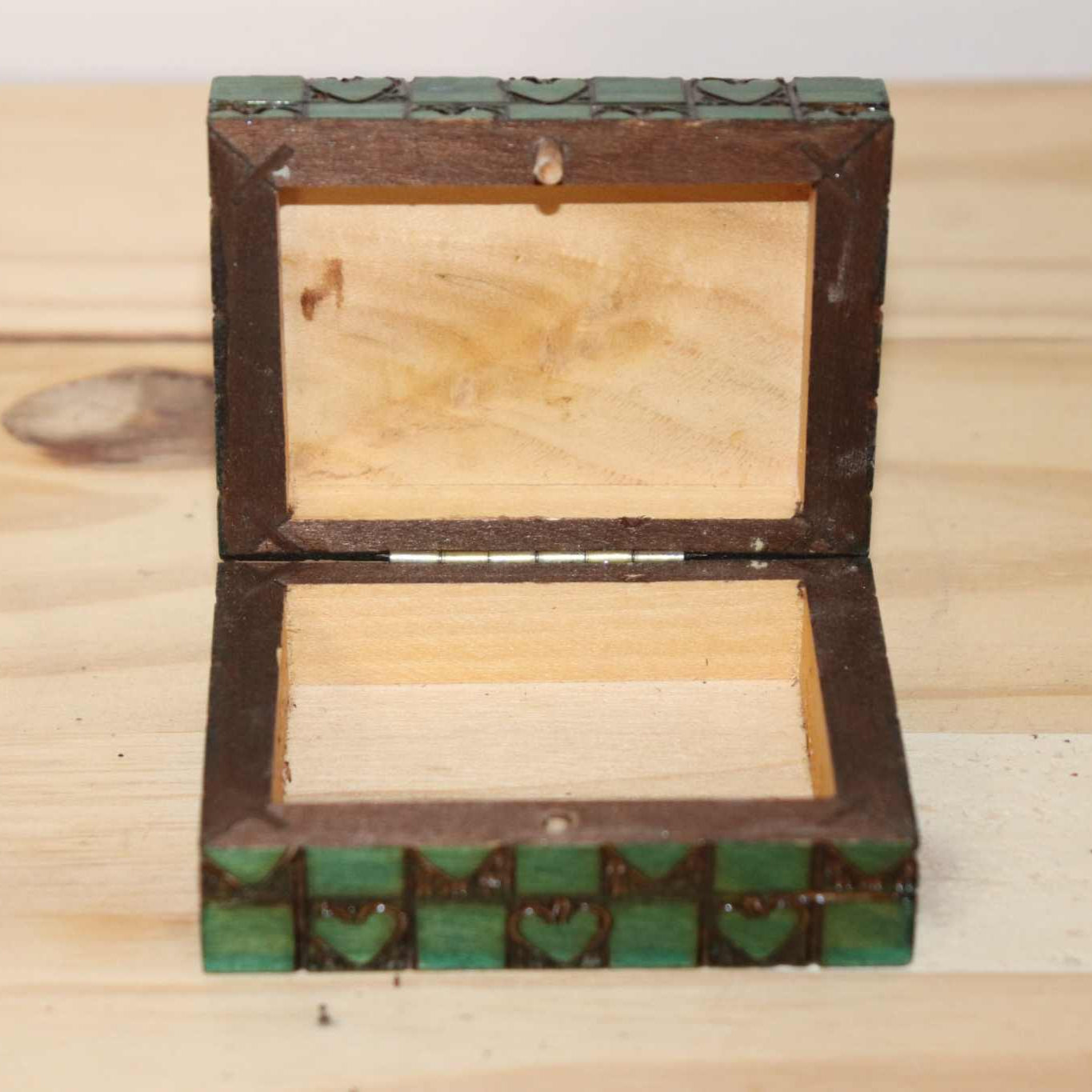 Wooden Chest Hearts Horse, natural wood, carved hearts, green color squares, detailed design and unique craftsmanship. Item measures approximately 3 x 2 inches