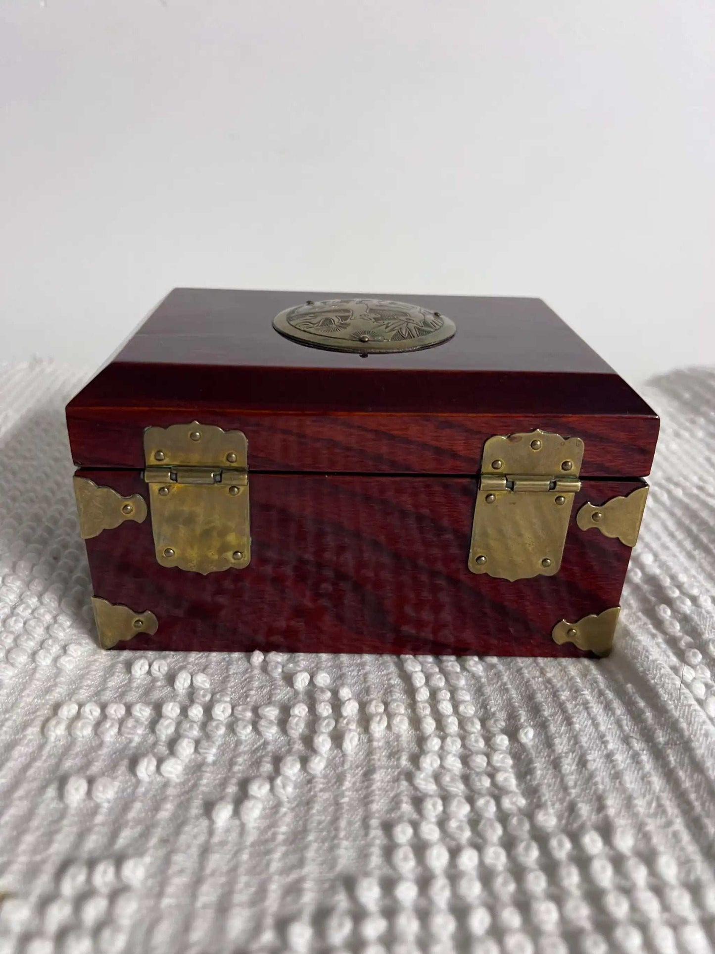 Solid Wood and Brass Treasure Chest Unique Vintage Box Asian Origin, Gorgeous! Removable compartment with storage beneath. Brass top decor, hinges