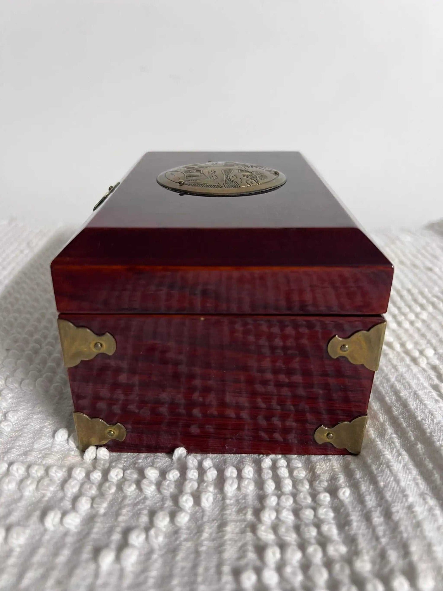 Solid Wood and Brass Treasure Chest Unique Vintage Box Asian Origin, Gorgeous! Removable compartment with storage beneath. Brass top decor, hinges