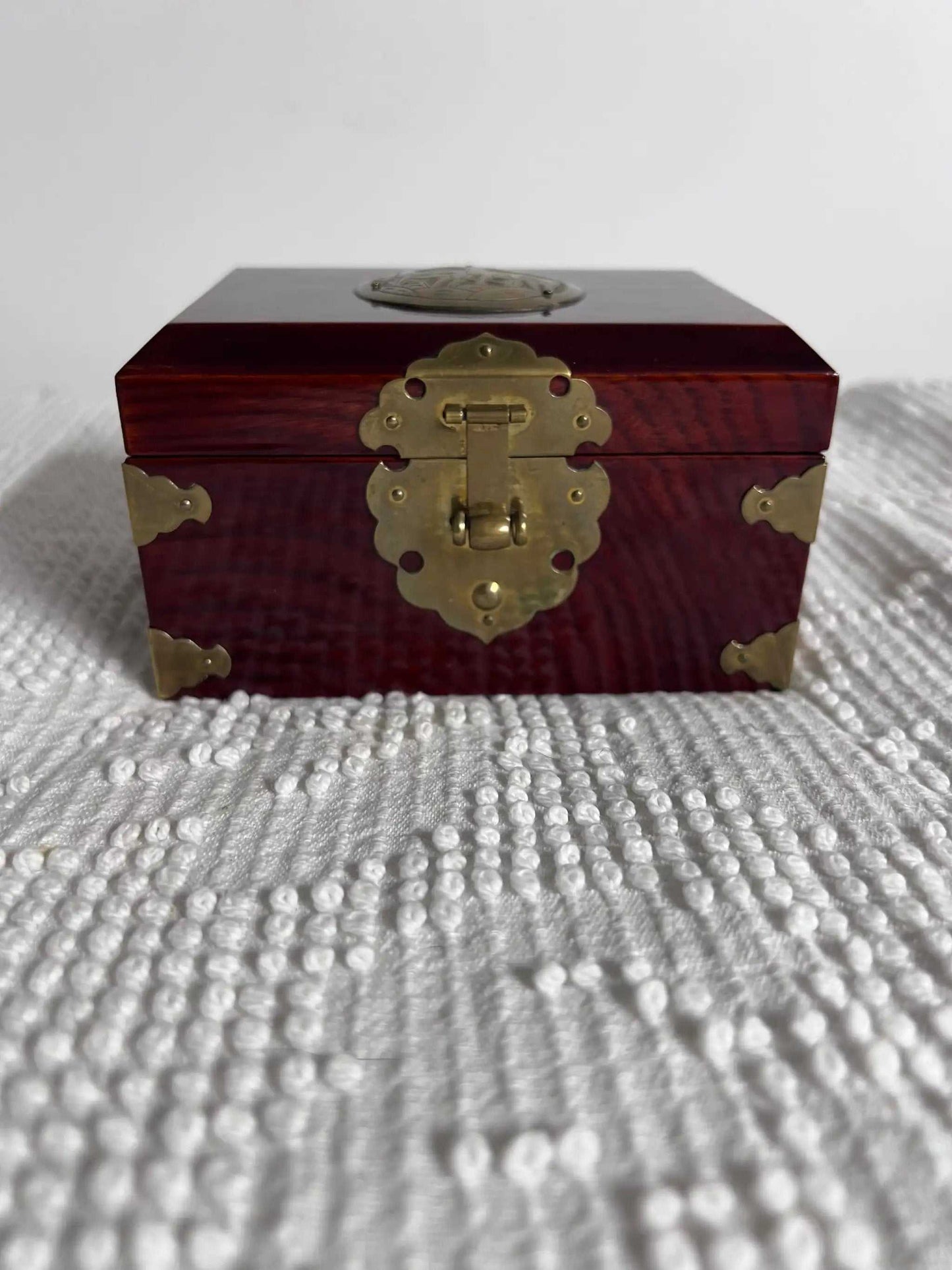Solid Wood and Brass Treasure Chest Unique Vintage Box Asian Origin, Gorgeous! Removable compartment with storage beneath. Brass top decor, hinges