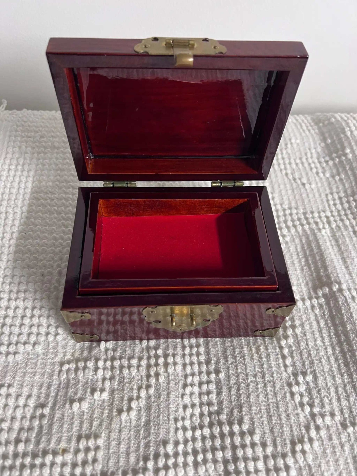 Solid Wood and Brass Treasure Chest Unique Vintage Box Asian Origin, Gorgeous! Removable compartment with storage beneath. Brass top decor, hinges