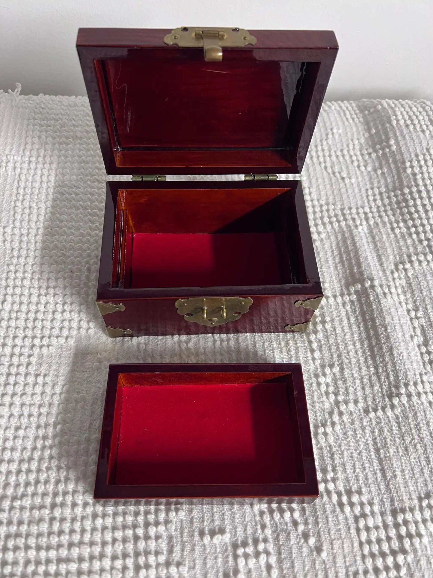 Solid Wood and Brass Treasure Chest Unique Vintage Box Asian Origin, Gorgeous! Removable compartment with storage beneath. Brass top decor, hinges