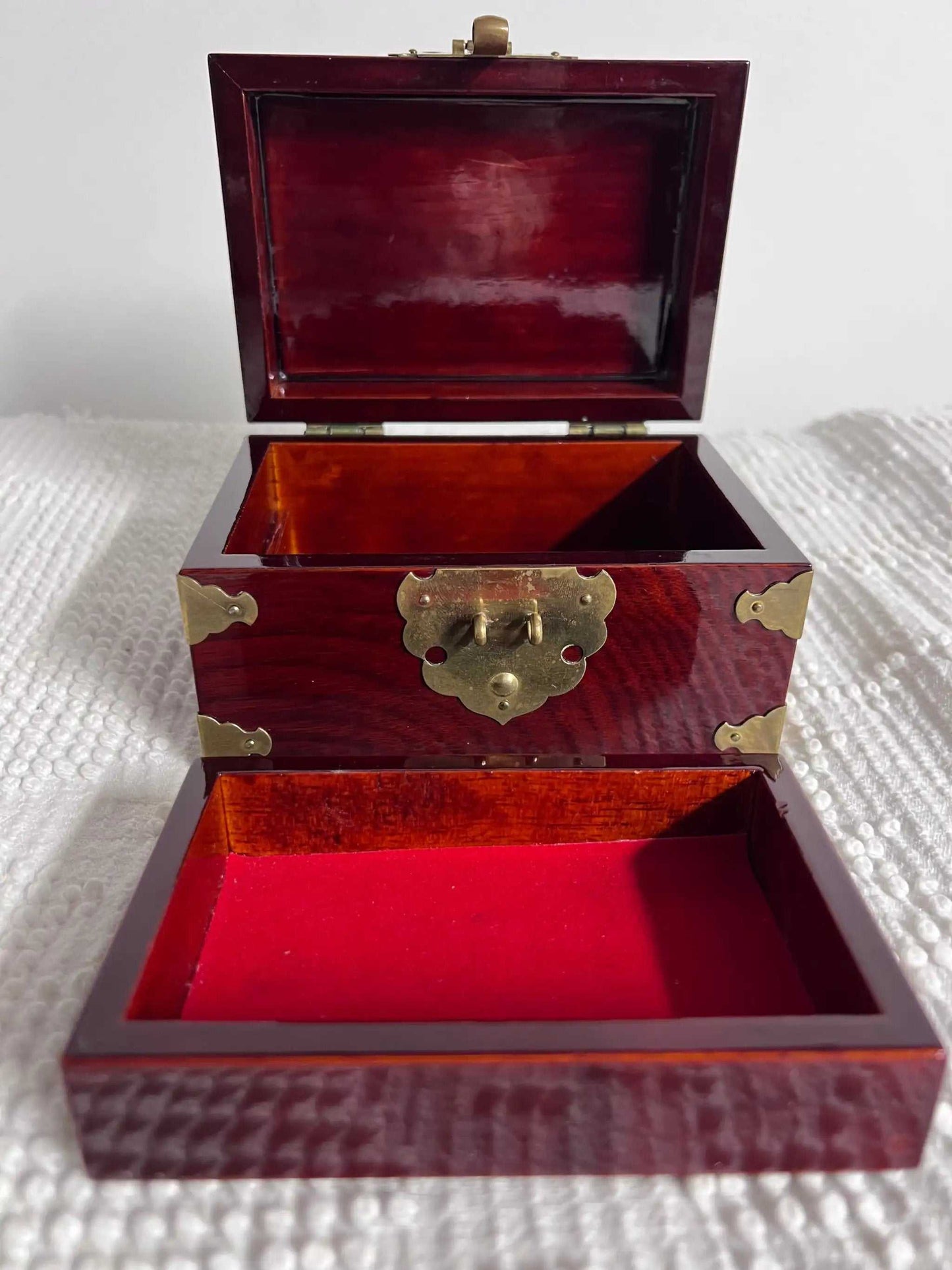 Solid Wood and Brass Treasure Chest Unique Vintage Box Asian Origin, Gorgeous! Removable compartment with storage beneath. Brass top decor, hinges