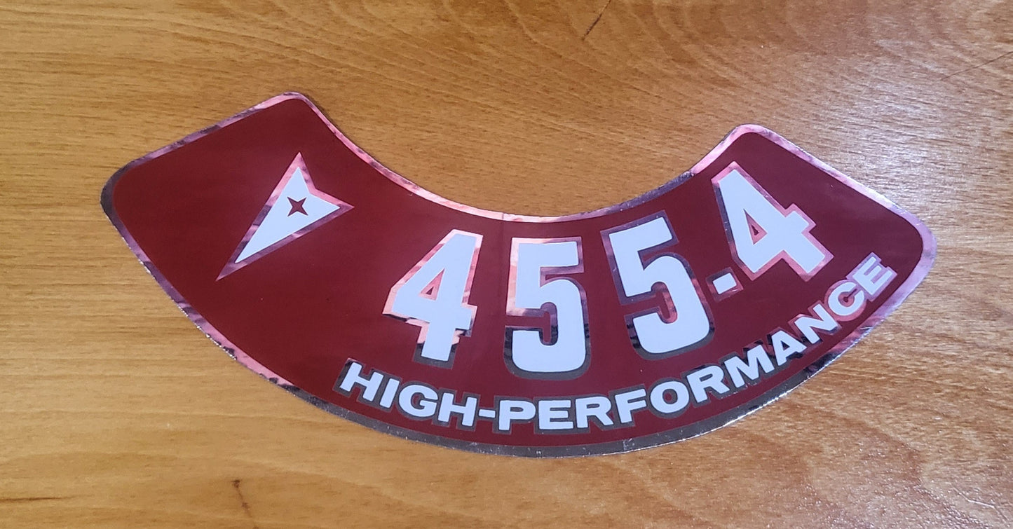 Pontiac 455 4V High Performance Air Cleaner Red Silver Metallic Decal EXC Restoration. Relic has been stored safely away for decades and measures approx 2.5 in wide