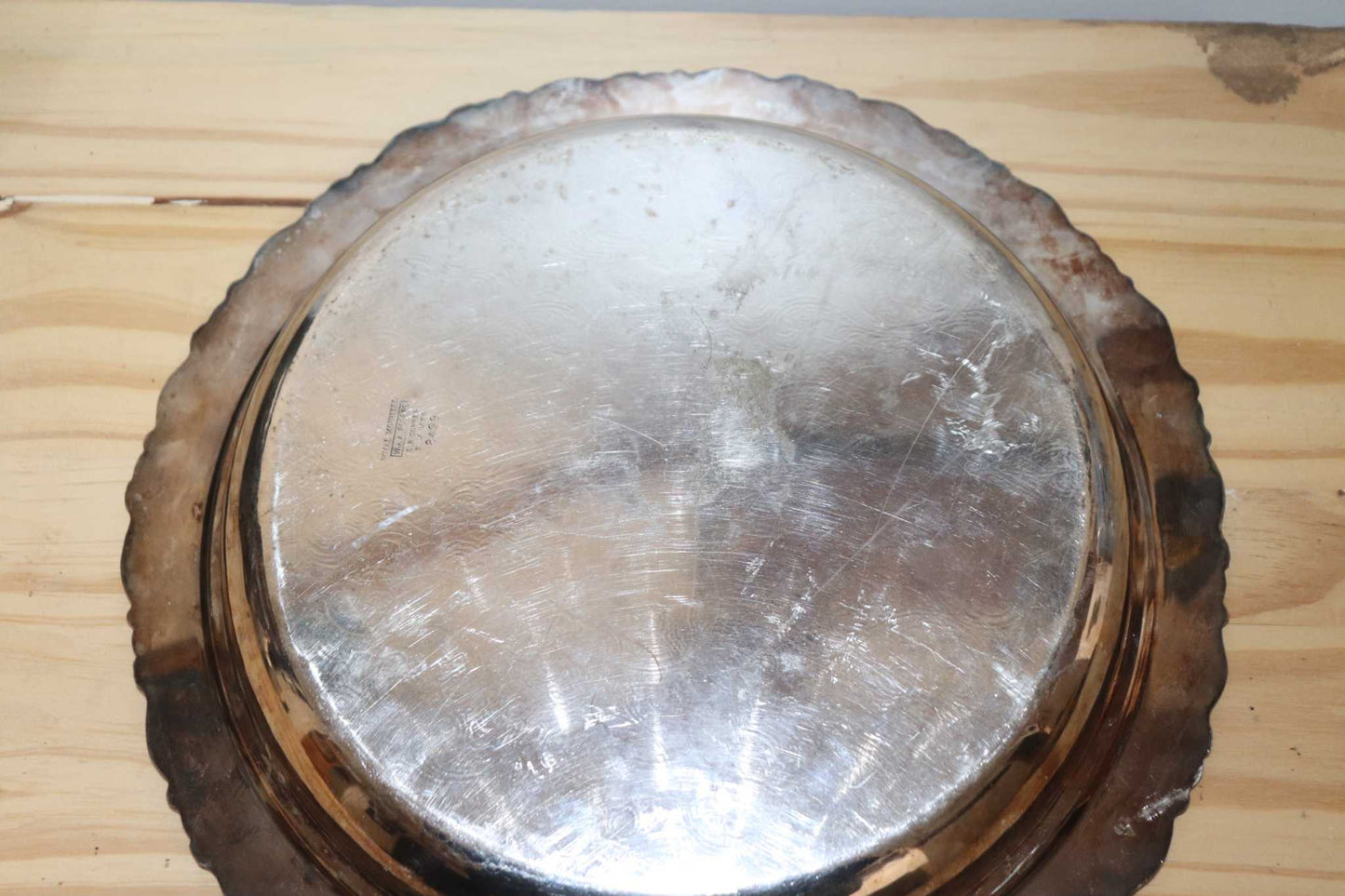 Vintage Silver plated butlers serving tray, copper base. Back stamp states Royal Mounted Wm. A. Rogers S.P. Copper B M MTS 8429