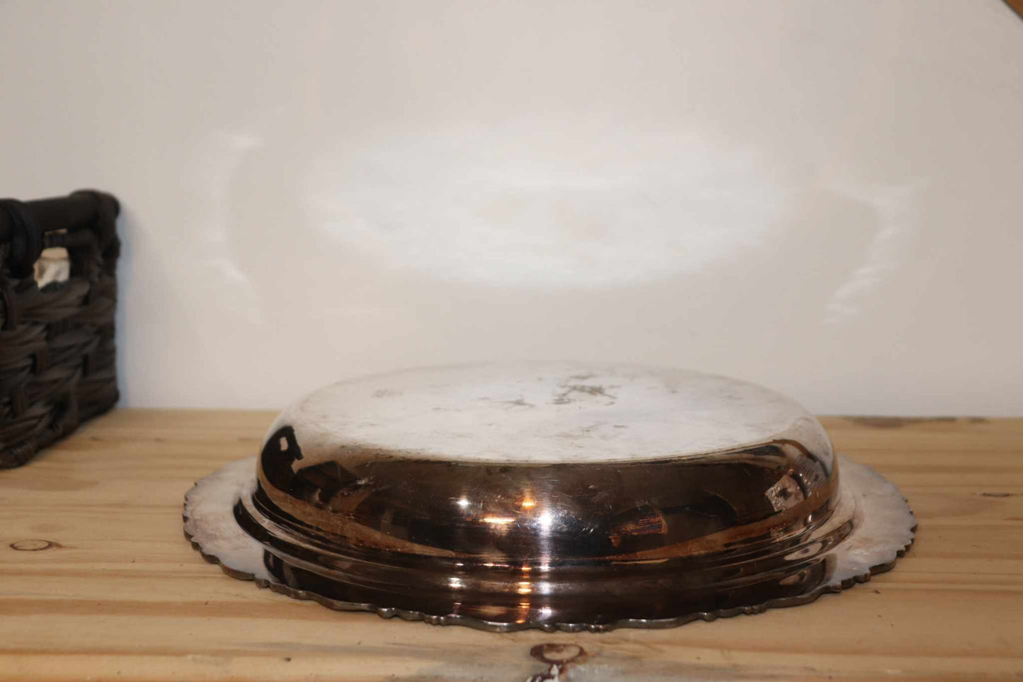 Vintage Silver plated butlers serving tray, copper base. Back stamp states Royal Mounted Wm. A. Rogers S.P. Copper B M MTS 8429