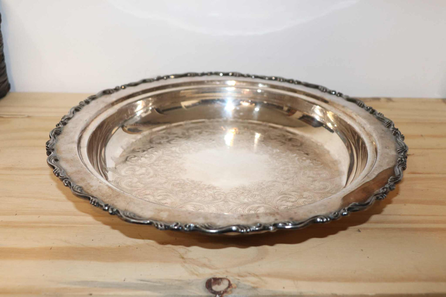 Vintage Silver plated butlers serving tray, copper base. Back stamp states Royal Mounted Wm. A. Rogers S.P. Copper B M MTS 8429
