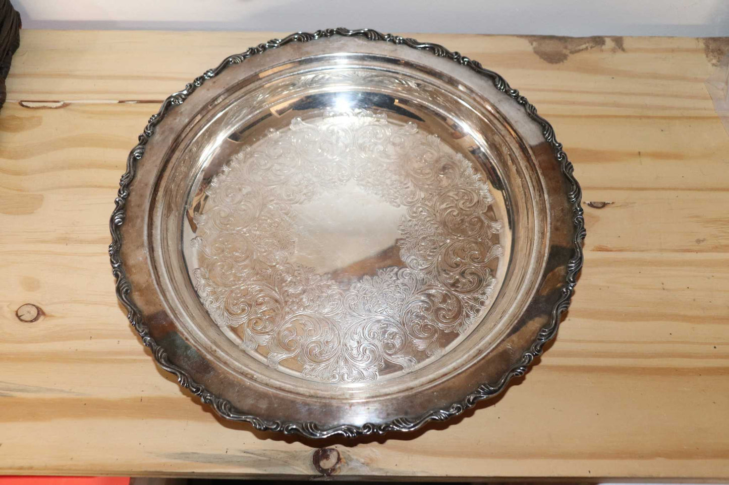 Vintage Silver plated butlers serving tray, copper base. Back stamp states Royal Mounted Wm. A. Rogers S.P. Copper B M MTS 8429