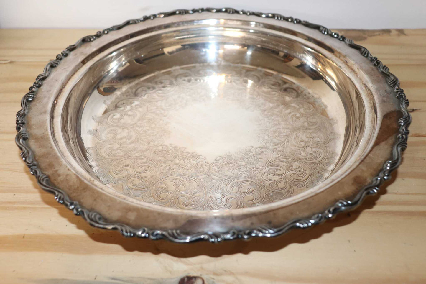 Vintage Silver plated butlers serving tray, copper base. Back stamp states Royal Mounted Wm. A. Rogers S.P. Copper B M MTS 8429